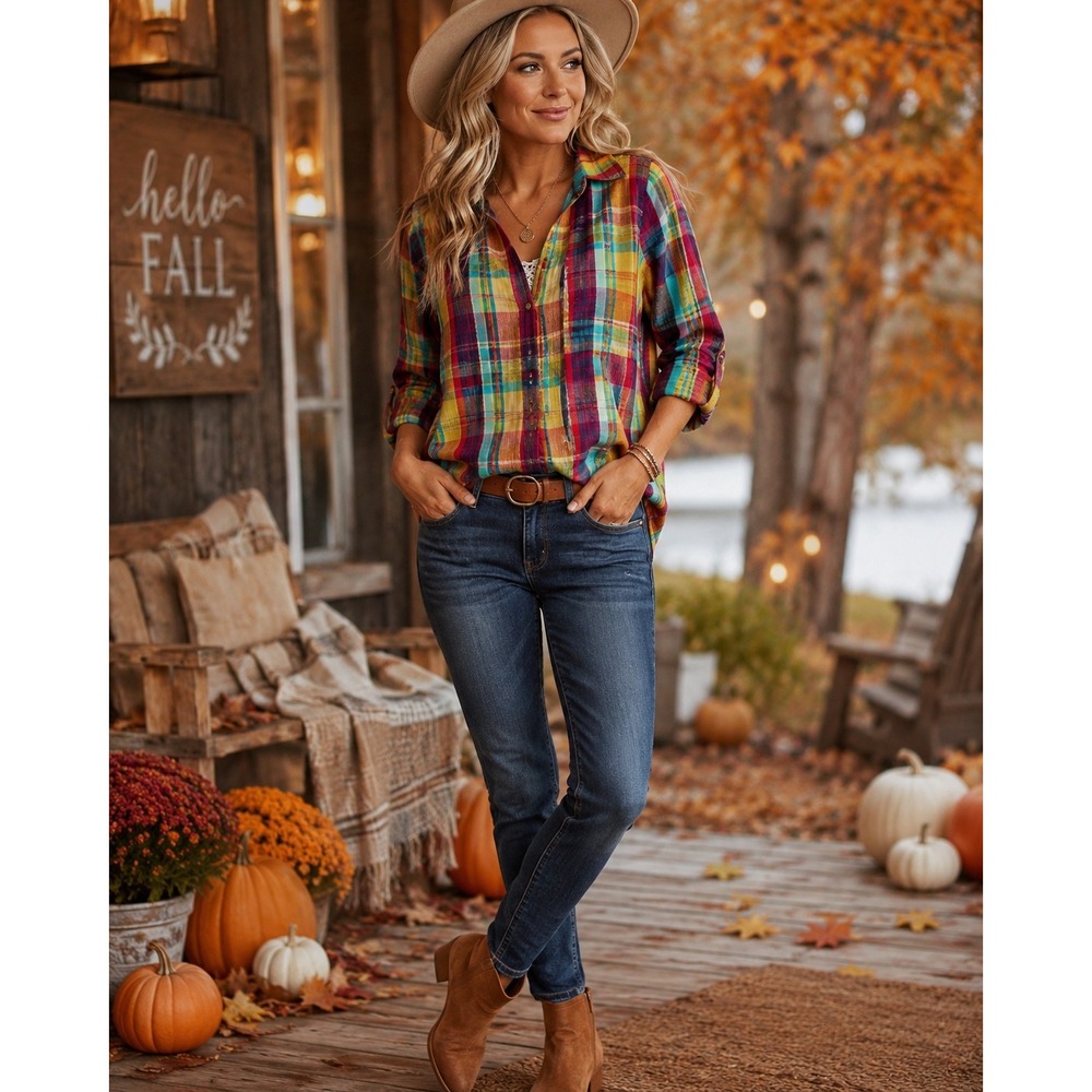 Soft Surroundings Plaid Shirt Women PM Multi Excellent Crochet Back Gauze Top